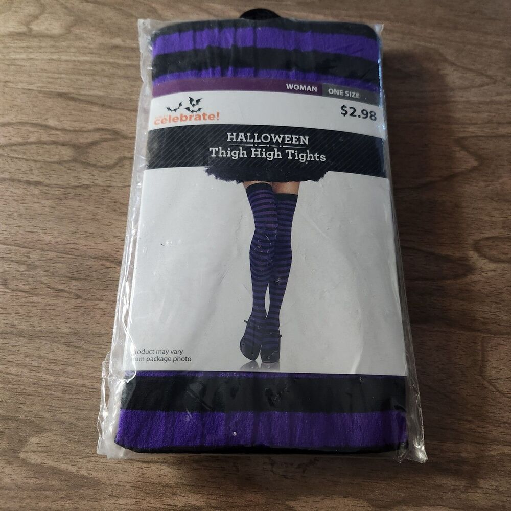 Way to Celebrate! Halloween Thigh High Tights Black Purple Striped One Size New